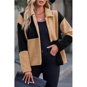 Color Block Snap Down Collared Neck Jacket